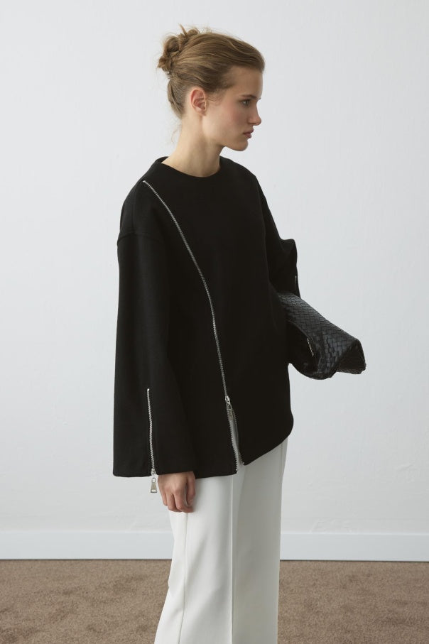 FERMUAR DETAYLI KAŞE SWEATSHIRT SİYAH