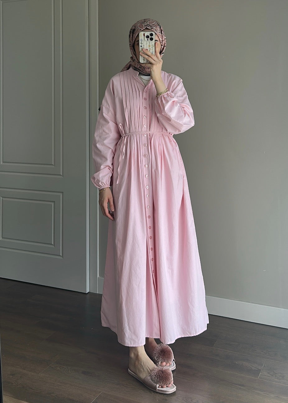 NERVÜRLÜ POPLİN ELBİSE PEMBE