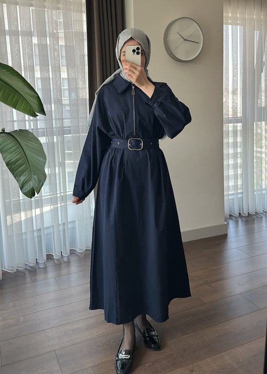 FERMUARLI POPLİN ELBİSE LACİVERT