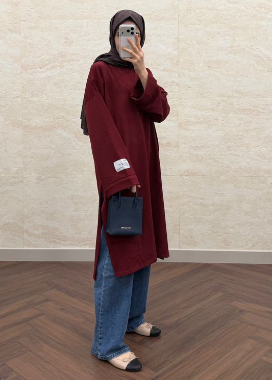 BASIC OVERSIZE UZUN TUNİK BORDO
