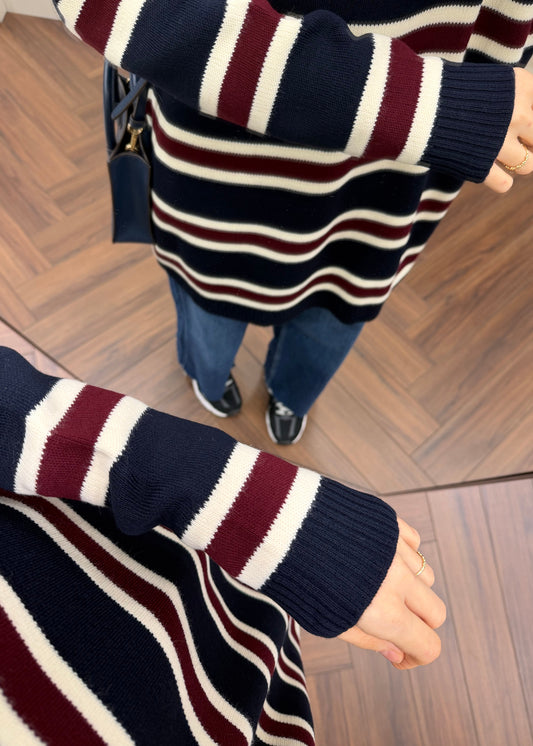 BİSİKLET YAKA ÇİZGİLİ TRİKO TUNİK LACİVERT