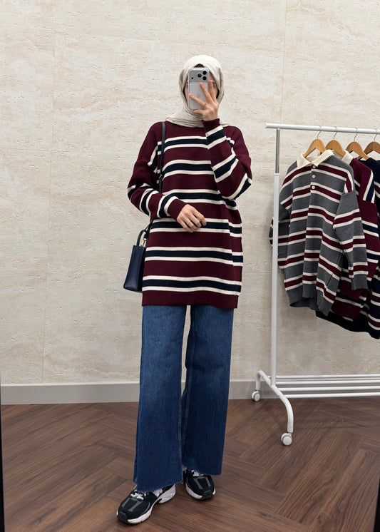 BİSİKLET YAKA ÇİZGİLİ TRİKO TUNİK BORDO