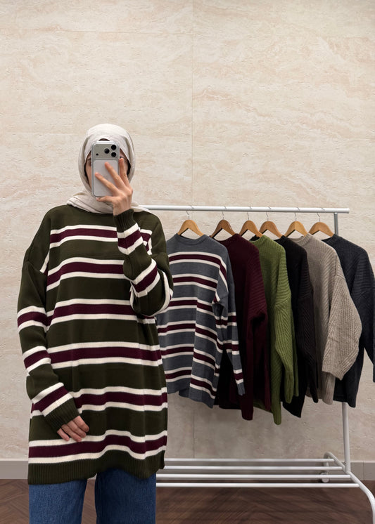 BİSİKLET YAKA ÇİZGİLİ TRİKO TUNİK HAKİ