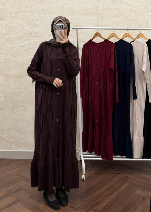 DESENLİ DÜĞMELİ MERSERİZE ELBİSE ACI KAHVE