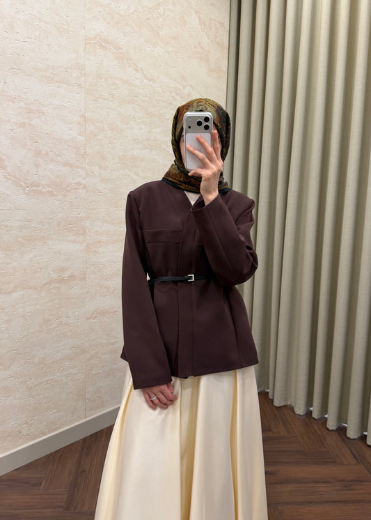 DERİ KEMERLİ CEKET KAHVE