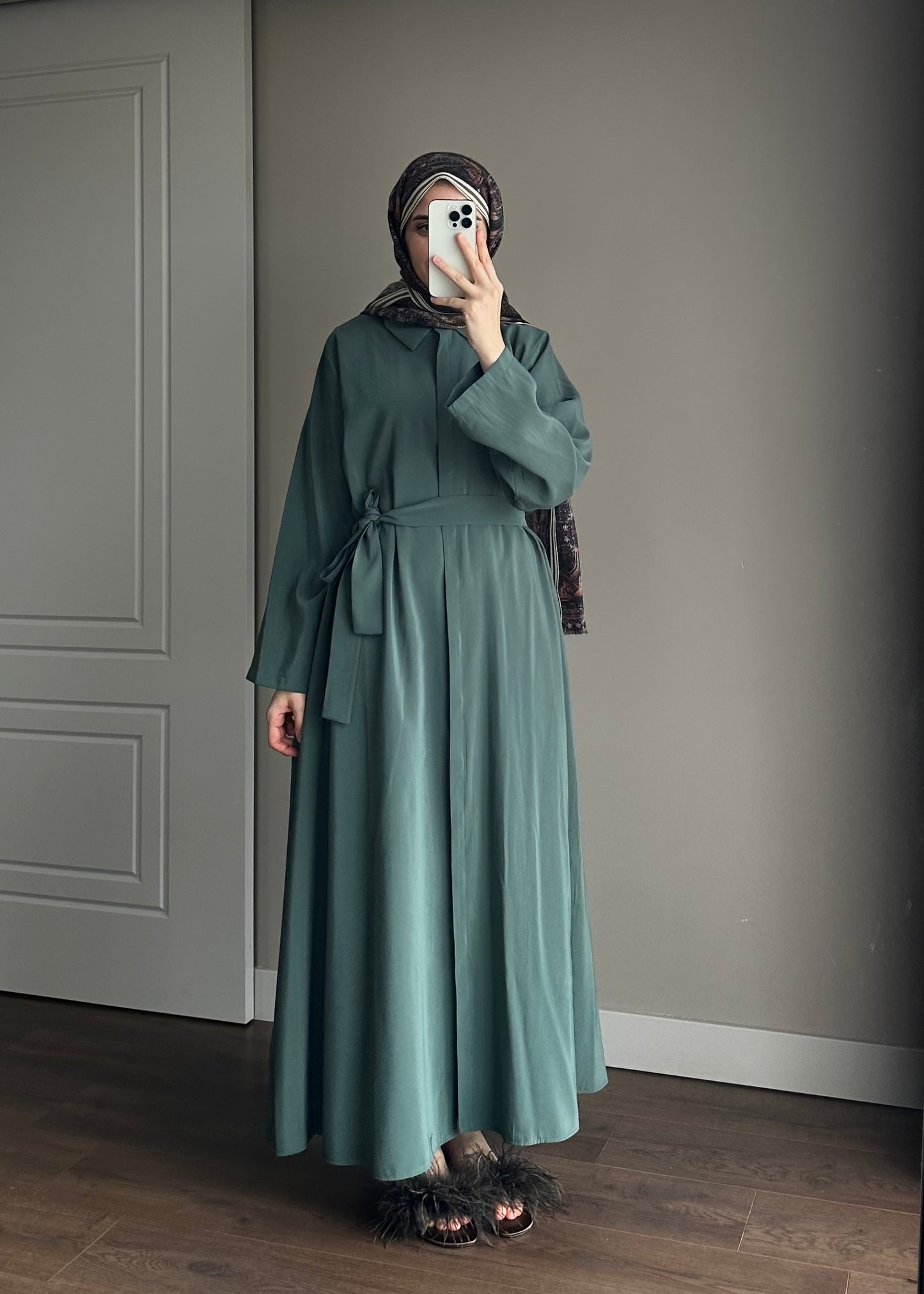 KUŞAKLI GÖMLEK ELBİSE NEFTİ YEŞİL