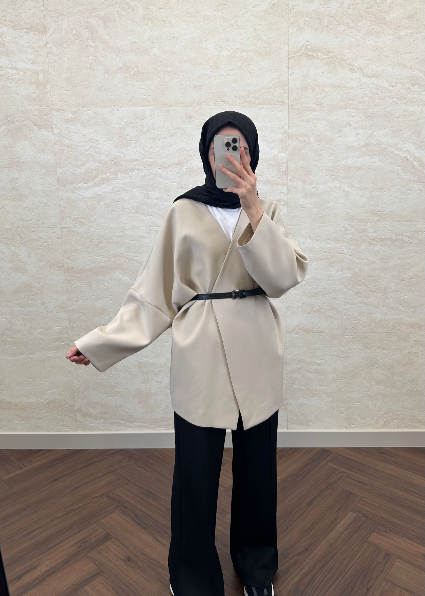 KEMERLİ OVERSIZE ASTARLI CEKET TAŞ