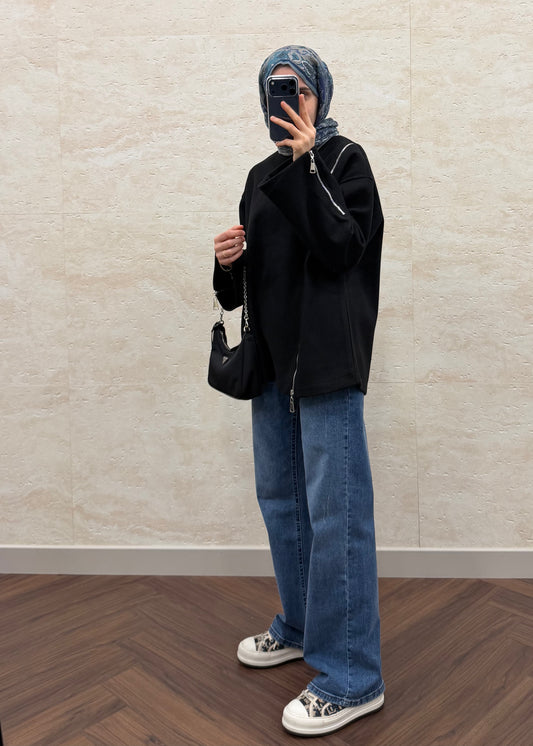 FERMUAR DETAYLI KAŞE SWEATSHIRT SİYAH
