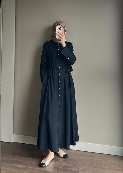 PREMIUM LİKRALI APOLETLİ ELBİSE LACİVERT