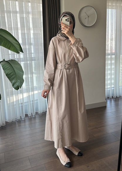 FERMUARLI POPLİN ELBİSE BEJ