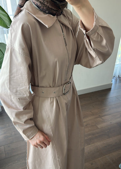 FERMUARLI POPLİN ELBİSE BEJ