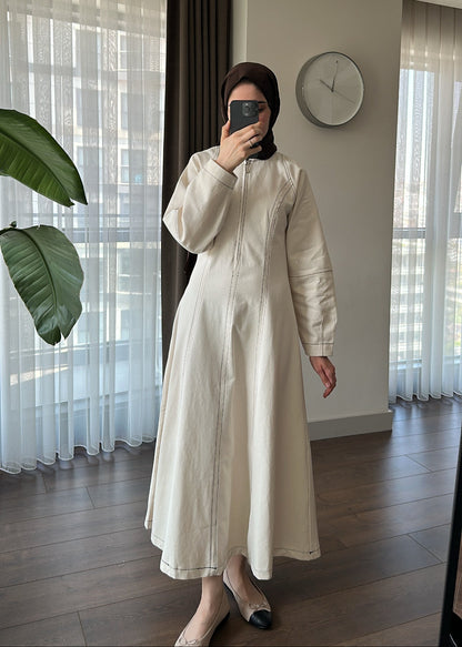DİKİŞ DETAYLI FERMUARLI GABARDİN ELBİSE NATUREL