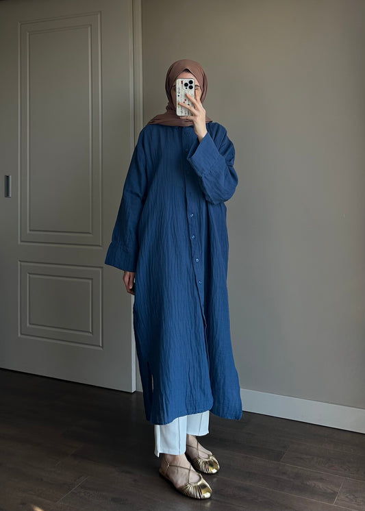 UZUN SALAŞ MÜSLİN GÖMLEK İNDİGO