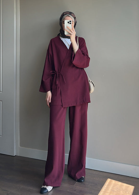 TENSEL KİMONO TAKIM BORDO