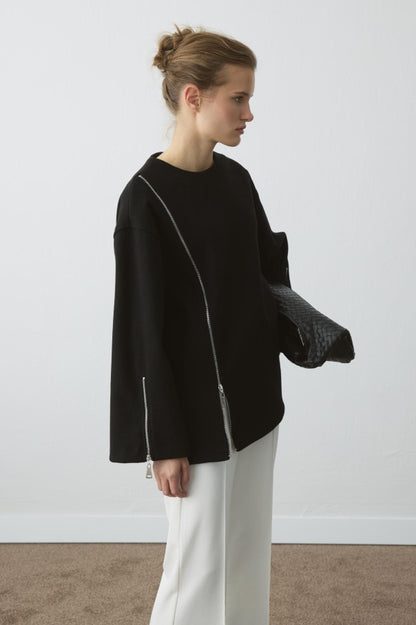 FERMUAR DETAYLI KAŞE SWEATSHIRT SİYAH