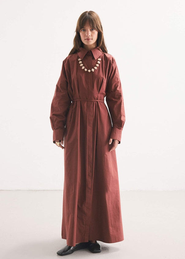 PİLE DETAY POPLİN GÖMLEK ELBİSE KİREMİT