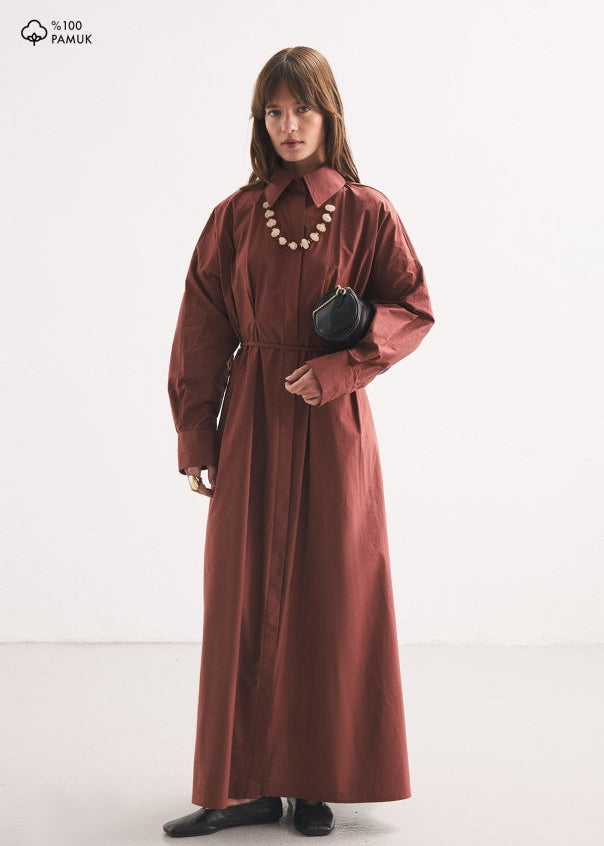 PİLE DETAY POPLİN GÖMLEK ELBİSE KİREMİT