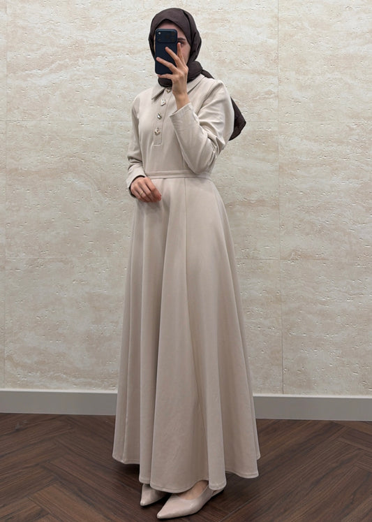 GOLD DÜĞME DETAY LİNDA ELBİSE TAŞ