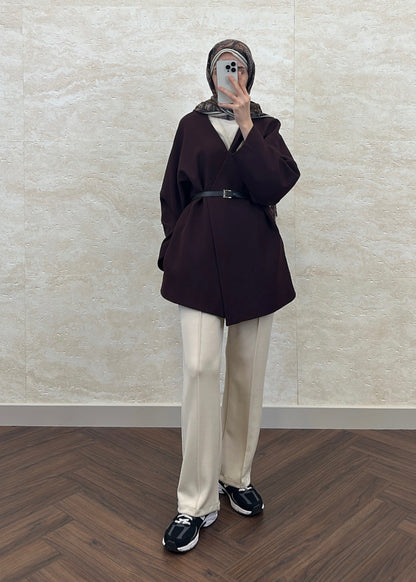 KEMERLİ OVERSIZE ASTARLI CEKET BORDO