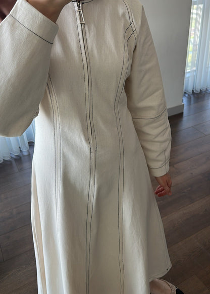 DİKİŞ DETAYLI FERMUARLI GABARDİN ELBİSE NATUREL