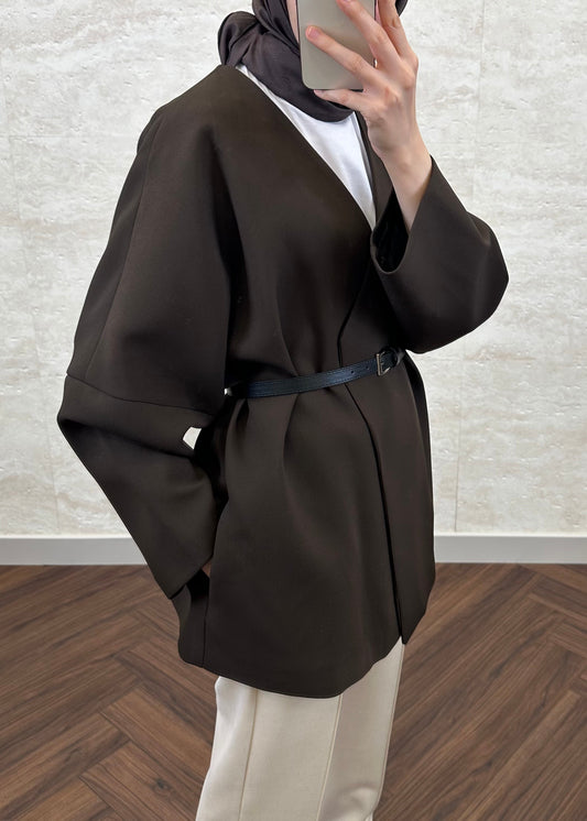 KEMERLİ OVERSIZE ASTARLI CEKET ACI KAHVE