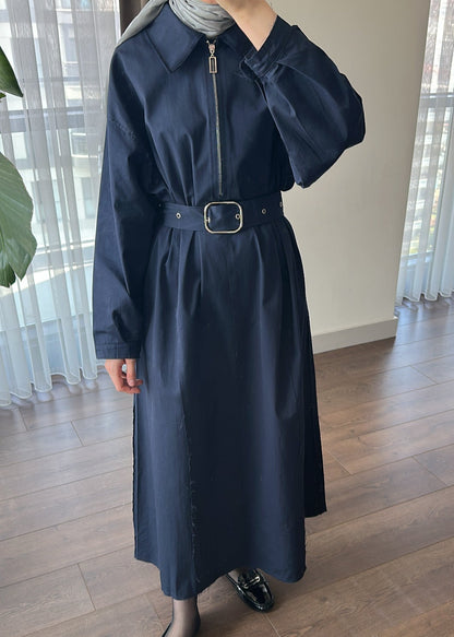 FERMUARLI POPLİN ELBİSE LACİVERT