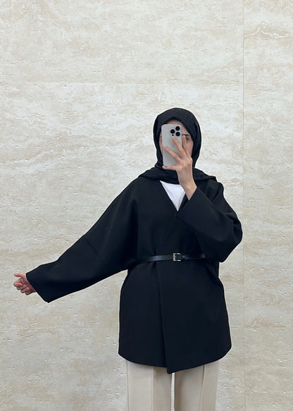 KEMERLİ OVERSIZE ASTARLI CEKET SİYAH