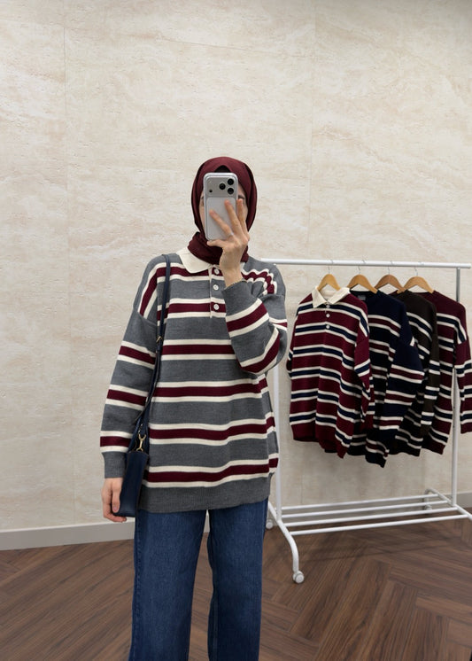 POLO YAKA ÇİZGİLİ KAZAK GRİ