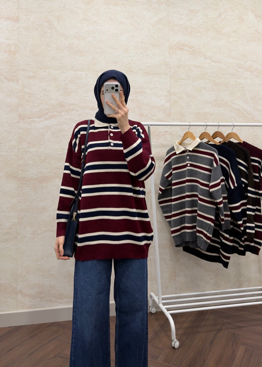 POLO YAKA ÇİZGİLİ KAZAK BORDO