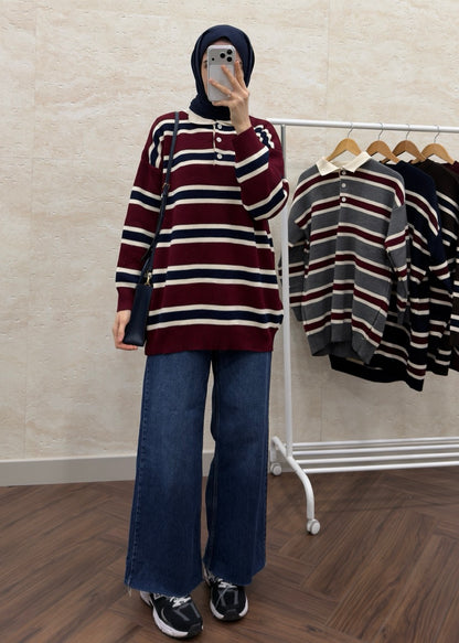 POLO YAKA ÇİZGİLİ KAZAK BORDO