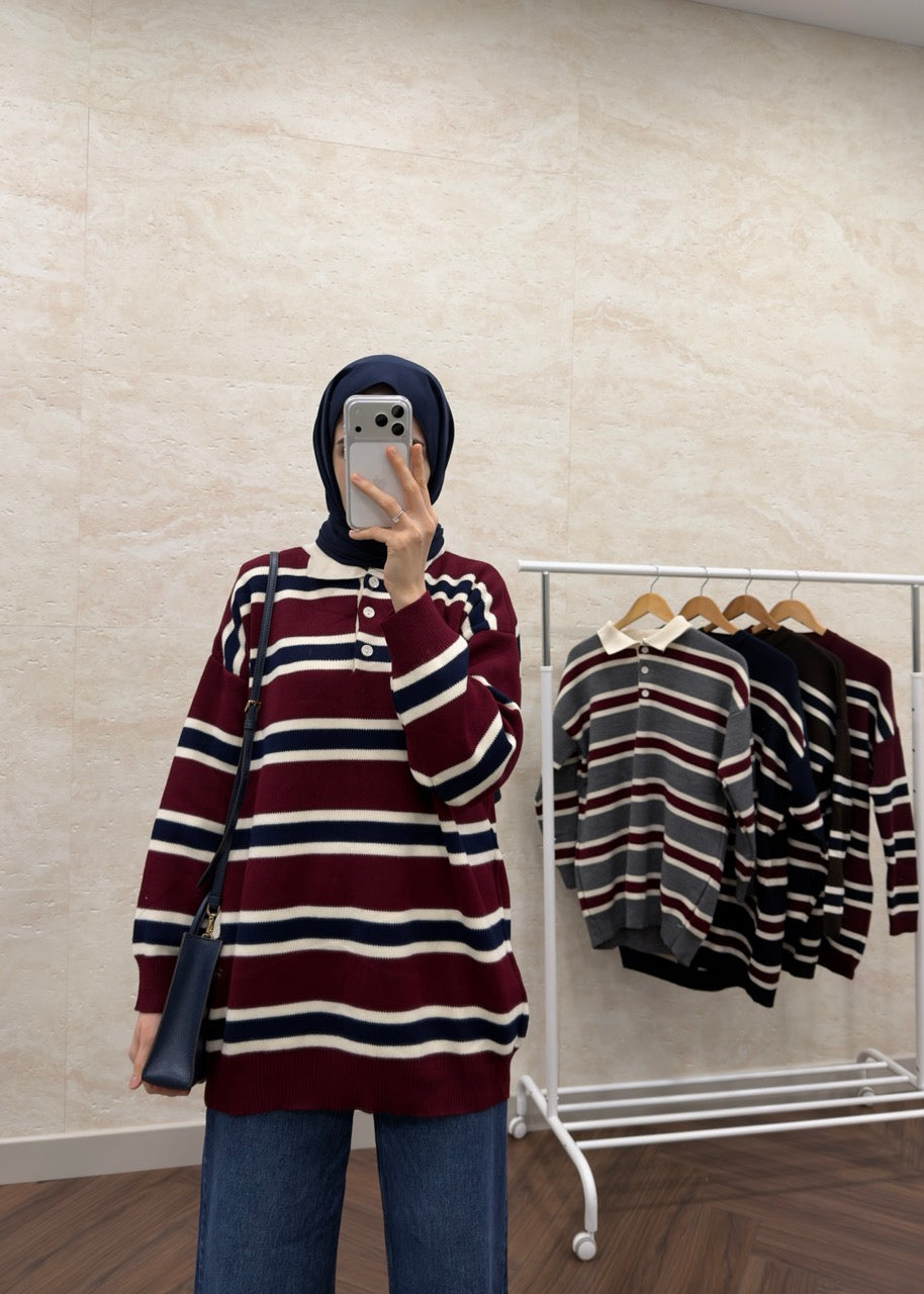 POLO YAKA ÇİZGİLİ KAZAK BORDO