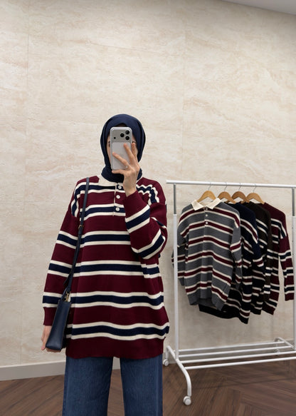 POLO YAKA ÇİZGİLİ KAZAK BORDO