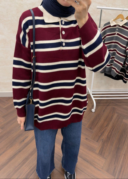 POLO YAKA ÇİZGİLİ KAZAK BORDO