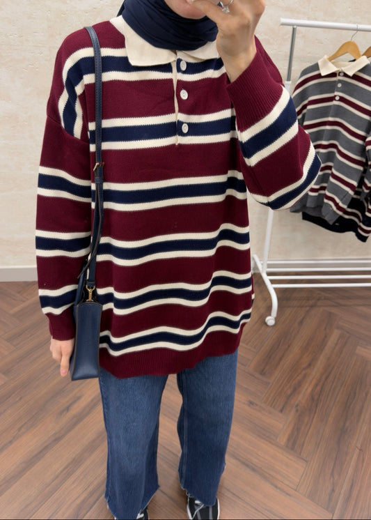 POLO YAKA ÇİZGİLİ KAZAK BORDO