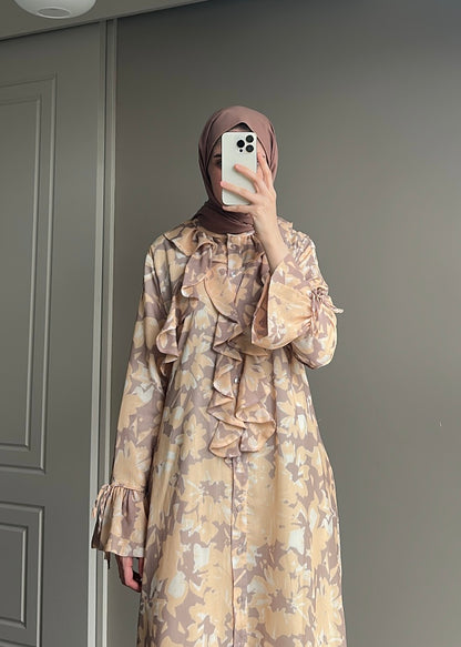 ŞİFON ÇİÇEK DESENLİ ELBİSE SARI