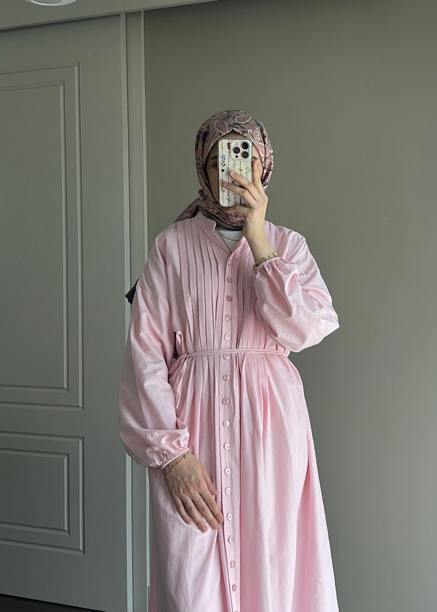 NERVÜRLÜ POPLİN ELBİSE PEMBE