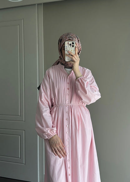 NERVÜRLÜ POPLİN ELBİSE PEMBE