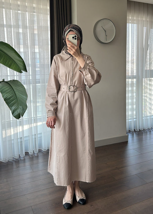FERMUARLI POPLİN ELBİSE BEJ