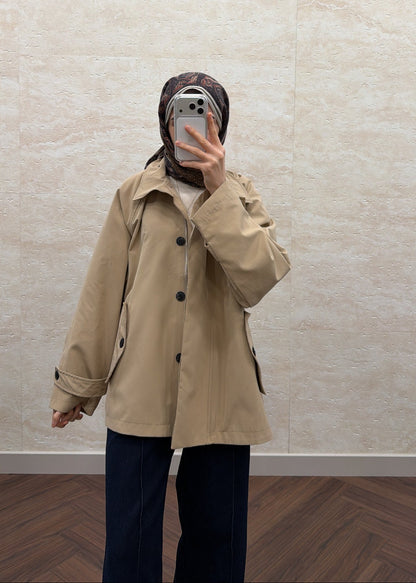 DİK YAKA OVERSIZE TRENÇKOT BEJ