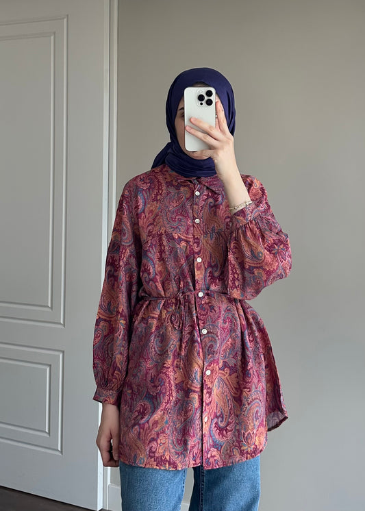 ETNİK DESENLİ GÖMLEK BORDO