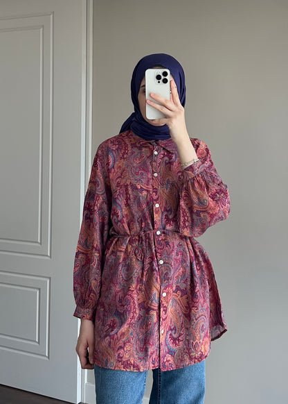 ETNİK DESENLİ GÖMLEK BORDO