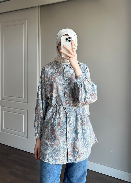 ETNİK DESENLİ GÖMLEK MAVİ