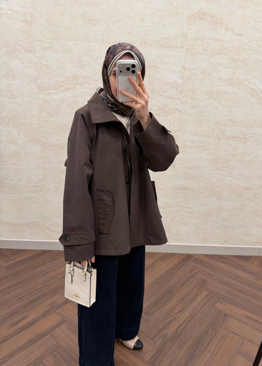 DİK YAKA OVERSIZE TRENÇKOT KAHVE