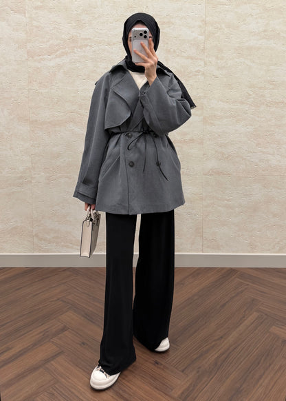 DERİ KEMERLİ OVERSIZE TRENÇKOT GRİ