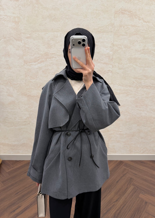 DERİ KEMERLİ OVERSIZE TRENÇKOT GRİ