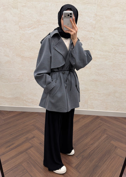 DERİ KEMERLİ OVERSIZE TRENÇKOT GRİ