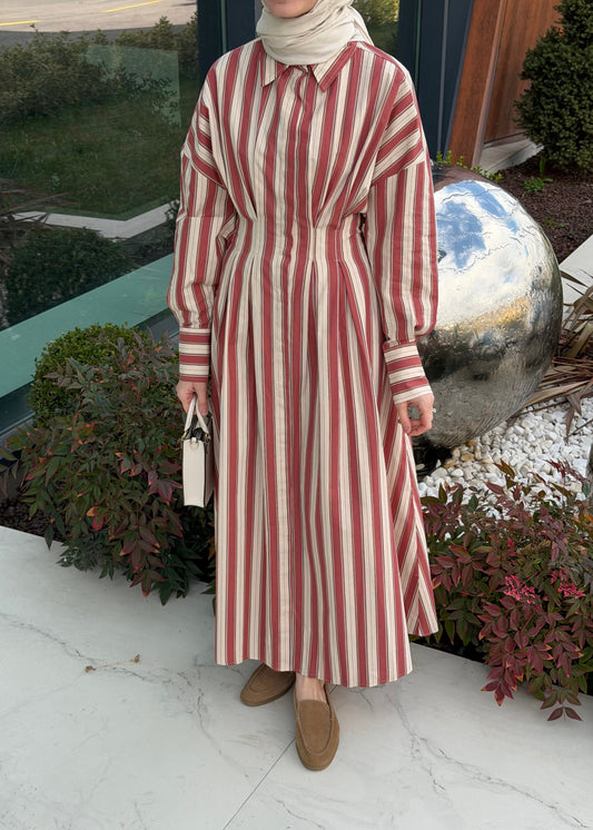 ÇİZGİLİ PİLELİ GÖMLEK ELBİSE