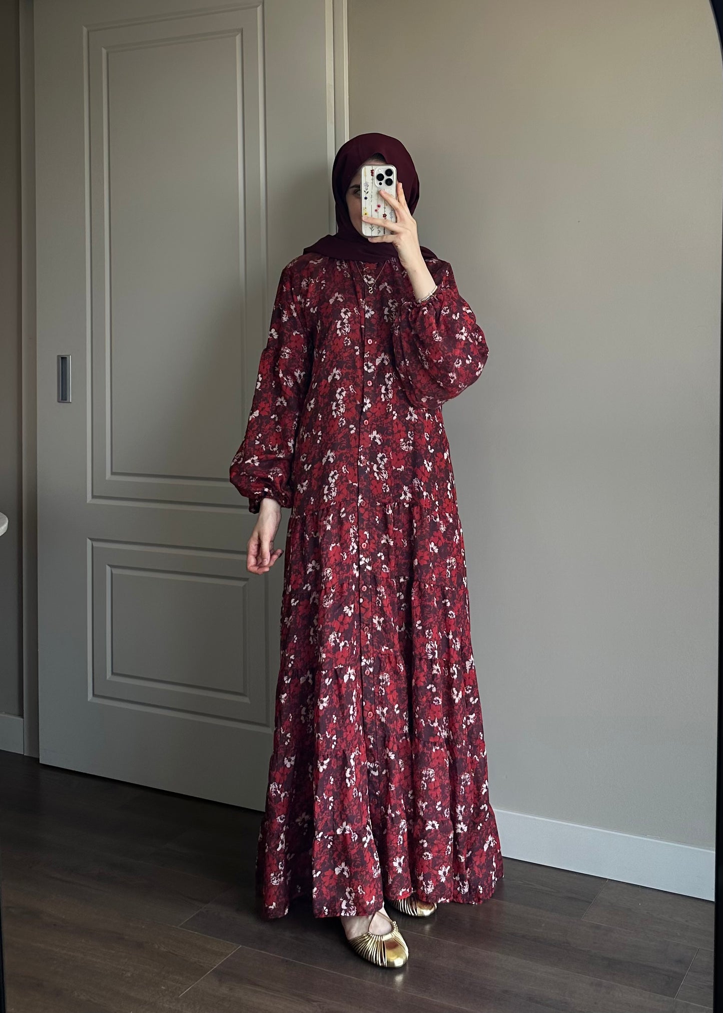 ÇİÇEK DESENLİ VUAL ELBİSE BORDO