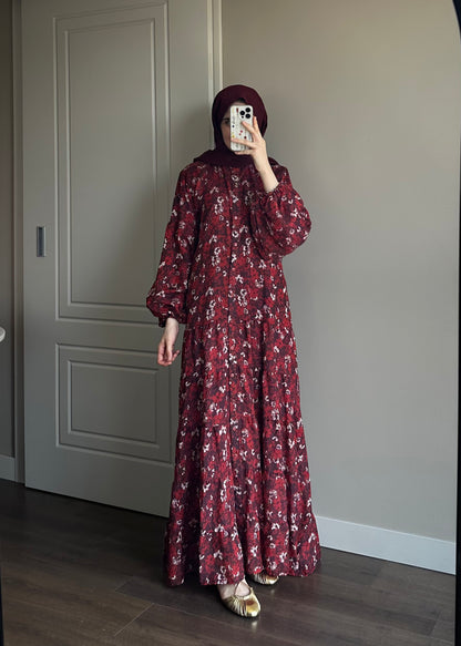 ÇİÇEK DESENLİ VUAL ELBİSE BORDO