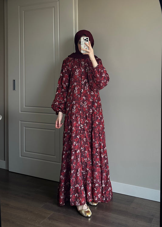 ÇİÇEK DESENLİ VUAL ELBİSE BORDO